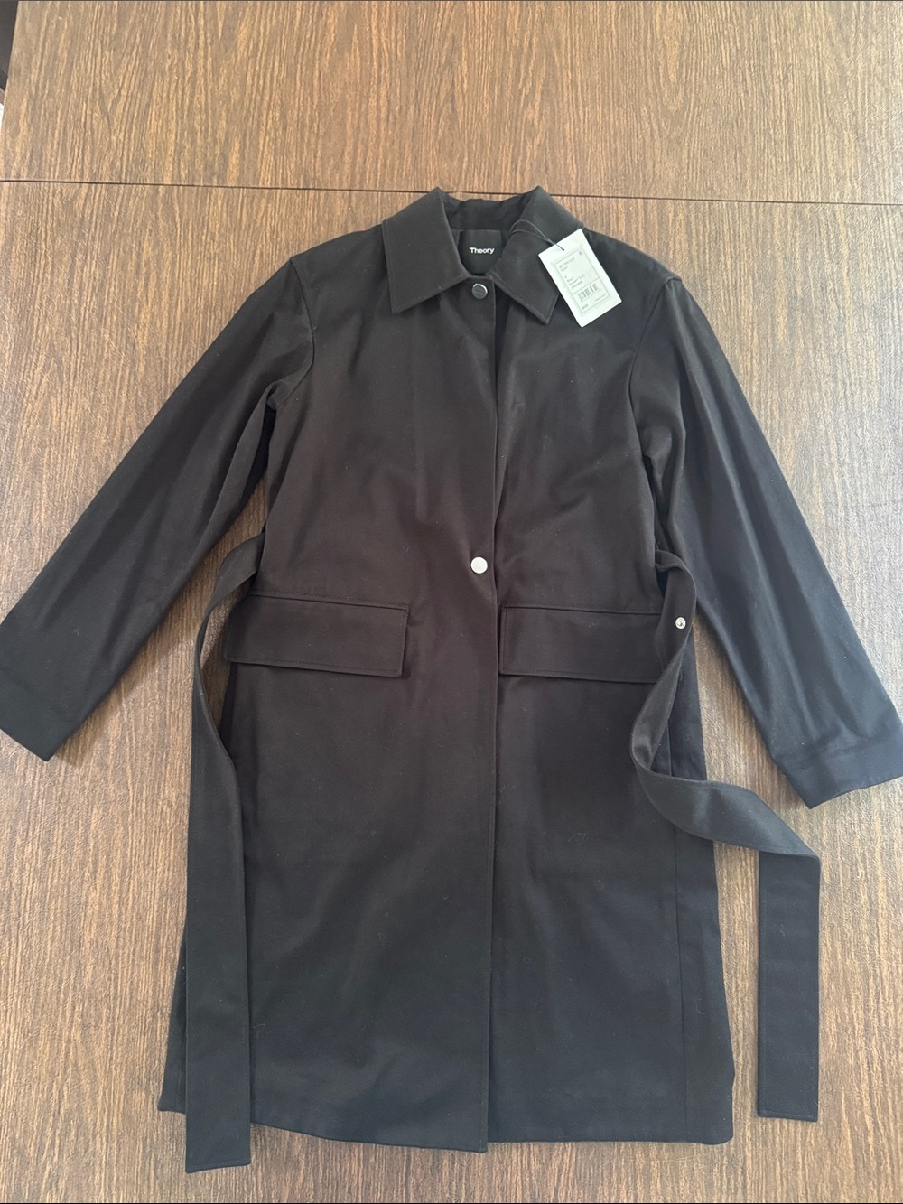 Theory Black Belted Trench Coat with Snap Closure - New with Tags